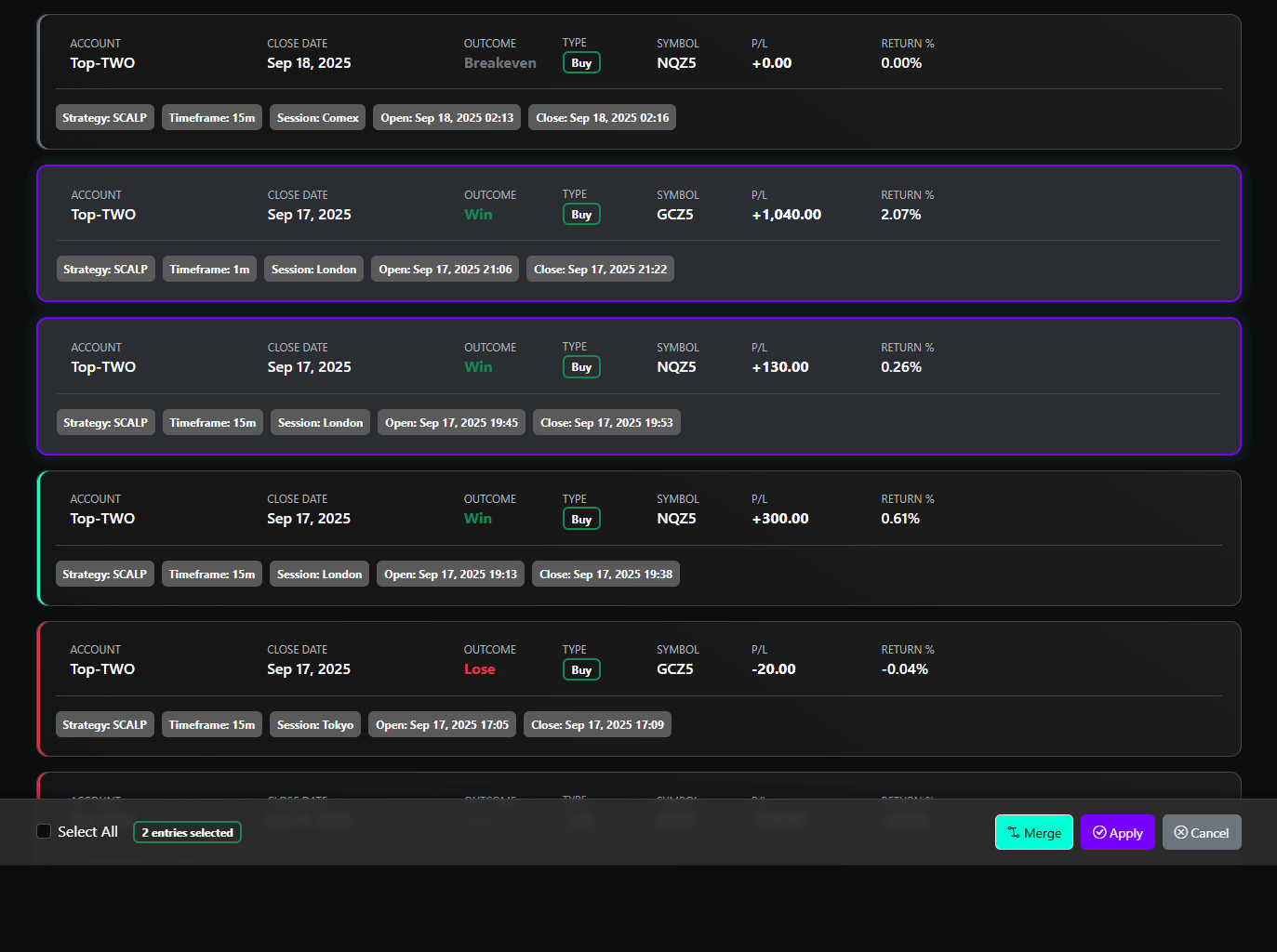 A showcase of the new trade merge feature in action